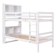 Load image into Gallery viewer, Twin Over Twin Bunk Beds with Bookcase Headboard, Solid Wood Bed Frame with Safety Rail and Ladder, Kids/Teens Bedroom, Guest Room Furniture, Can Be converted into 2 Beds, White
