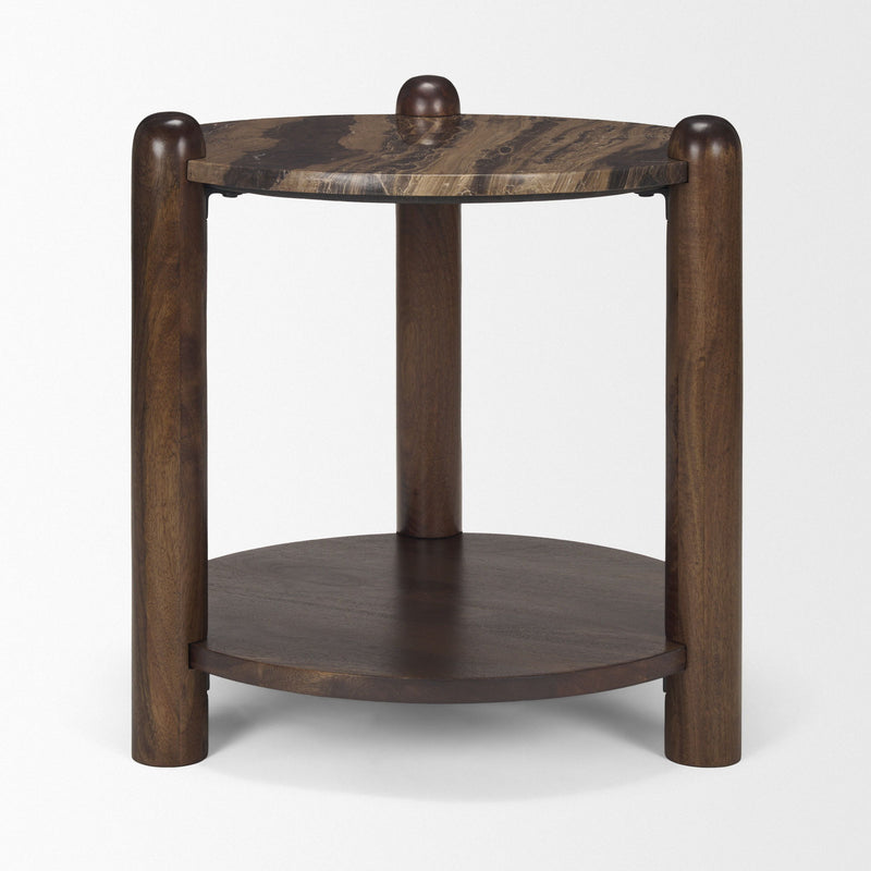 Marble Solid Wood End Table With Shelf - Brown