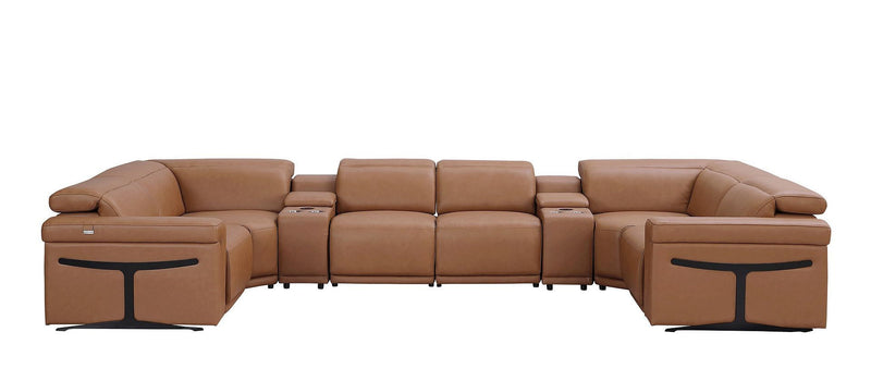 Italian Leather Power Reclining U Shaped Eight Piece Sectional With Console - Chestnut
