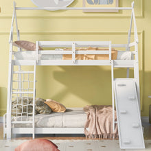 Load image into Gallery viewer, Twin Over Queen House Bunk Bed With Climbing Nets And Climbing Ramp
