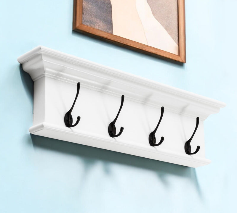 28" Classic Wood Four Hook Hanging Coat Rack - White