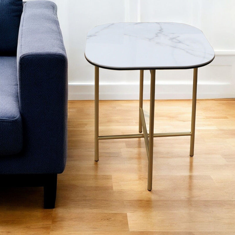 22" Ceramic And Metal Square End Table - White And Gold