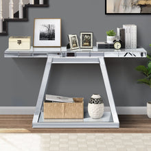 Load image into Gallery viewer, Modern Luxe Full Body Mirror Entryway Table With Trapezoid Base, 360° Reflective Console, Scratch Resistant, Open Storage - Silver
