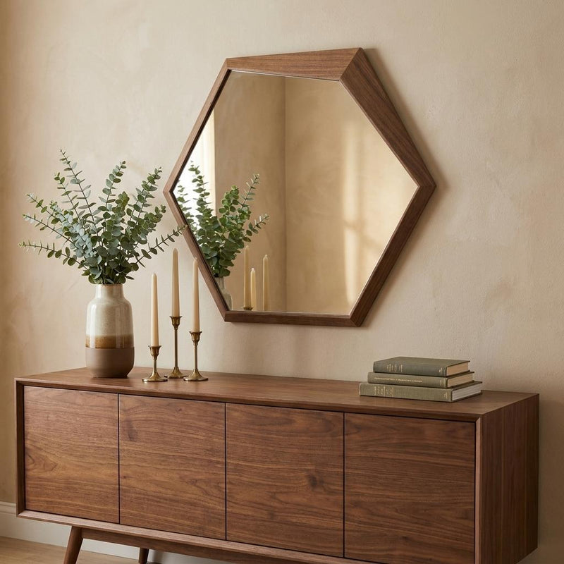 Wood Hexagon Geometric Framed Accent Mirror - Walnut