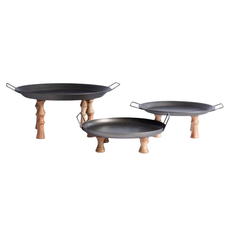 Wood Metal Round Riser Trays With Handles (Set of 3) - Black / Brown