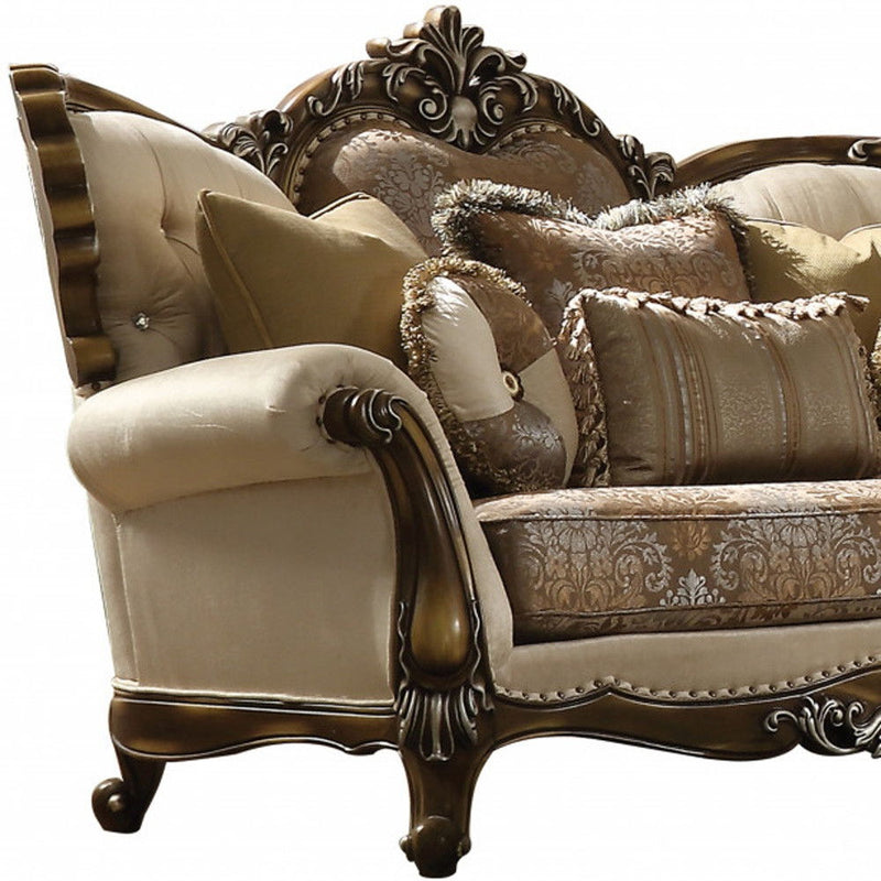 74" Velvet Damask Curved Loveseat And Toss Pillows - Tan And Brown