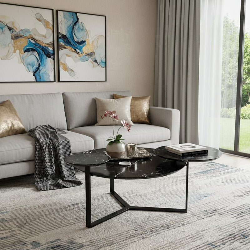 Faux Marble Metal With Iron Round Coffee Table - Black