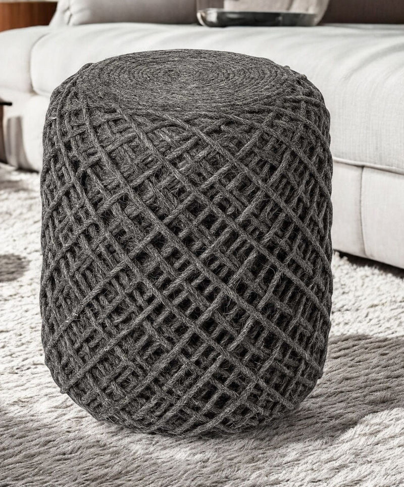 Wool Cylindrical Pouf With Diamond Pattern - Dark Gray