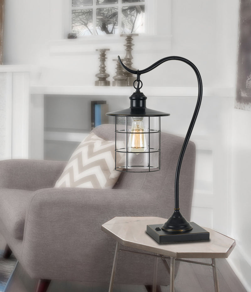 Metal Lantern Style Desk Lamp With Edison Bulb - Bronze
