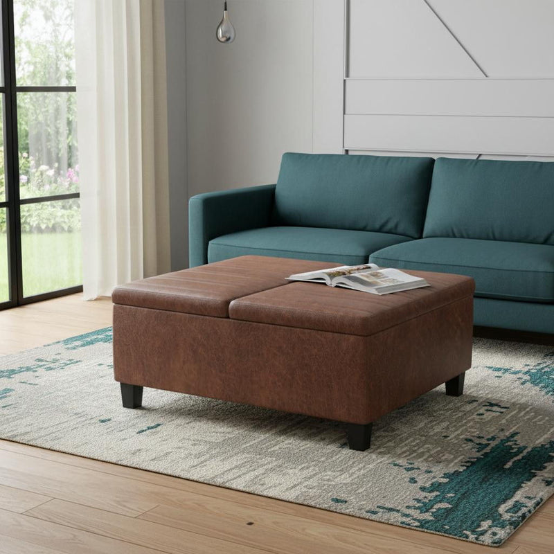 Leather Cocktail Ottoman & Storage - Brown / Espresso