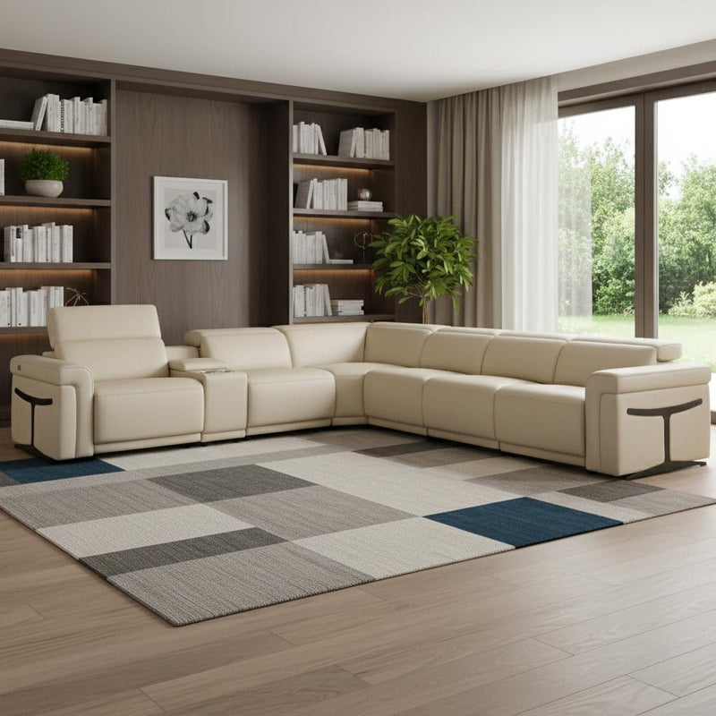 Italian Leather Modular L Shaped Seven Piece Corner Sectional With Console - Beige