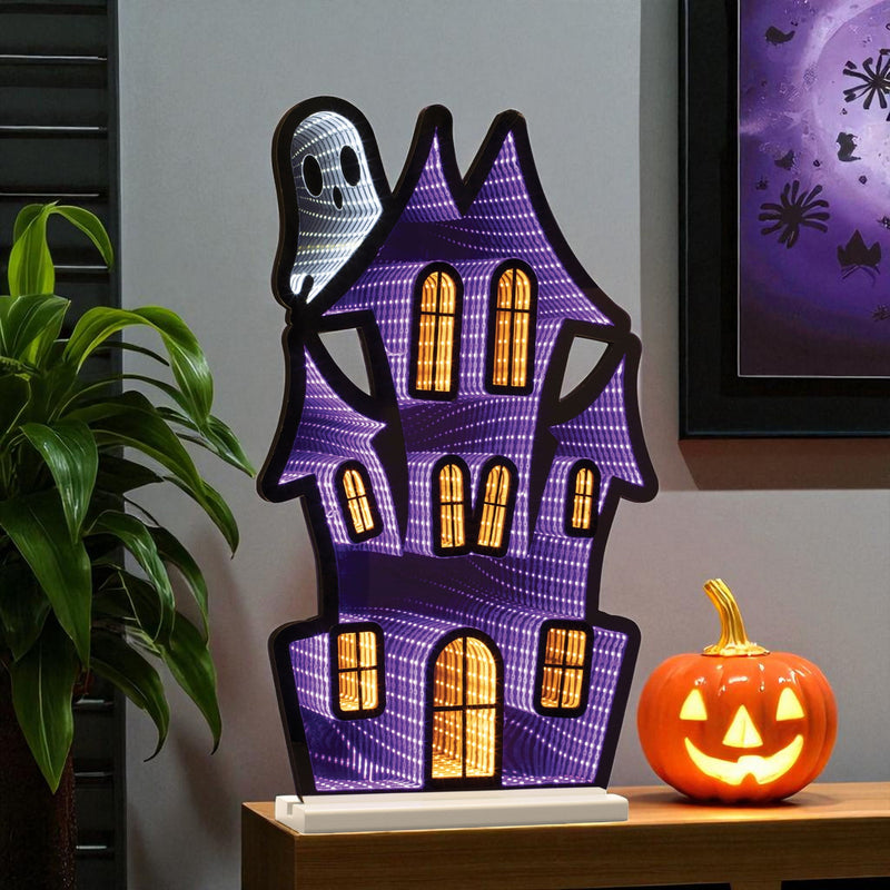 House Halloween Ghost Tabletop Sign With LED (633947) - Black / Orange / Purple