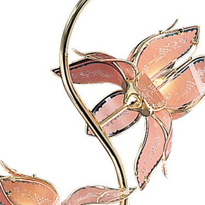 Four Light Floral Floor Lamp With Pink Glass Shades - Gold