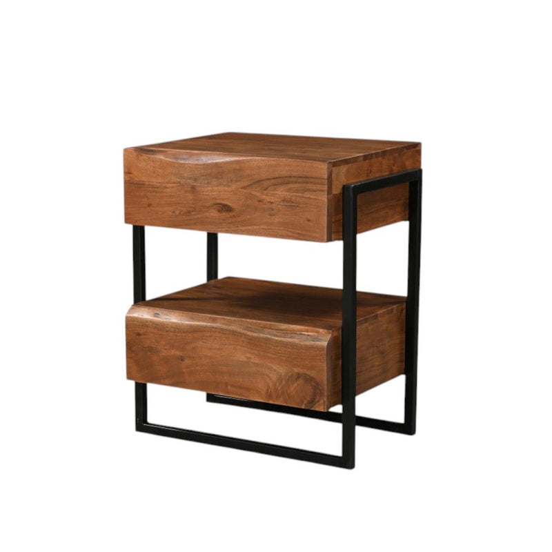 Iron And Solid Wood Live Edge Two Drawer Nightstand - Black And Brown