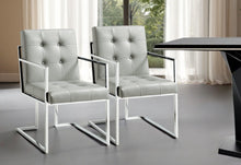 Load image into Gallery viewer, Tufted And Metallic Upholstered Faux Leather Dining Arm Chairs (Set of 2) - Light Gray
