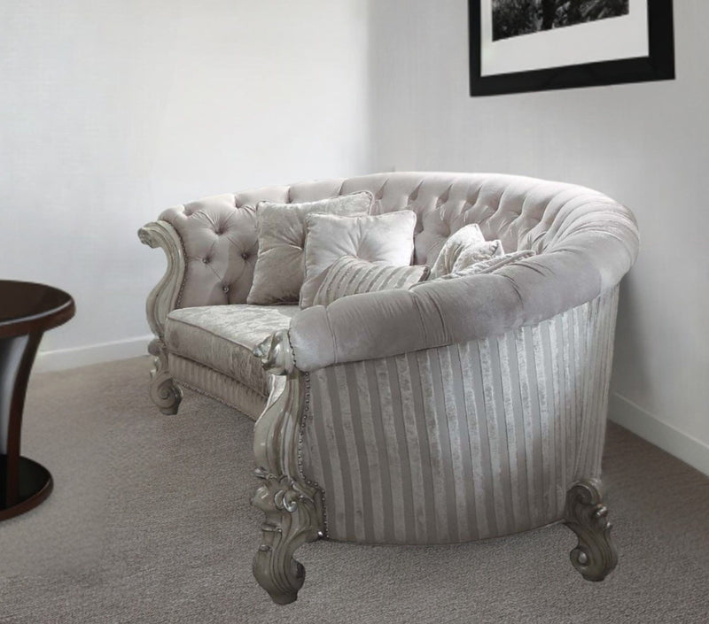 Velvet Curved Floral Sofa And Toss Pillows With Gray Legs - Ivory