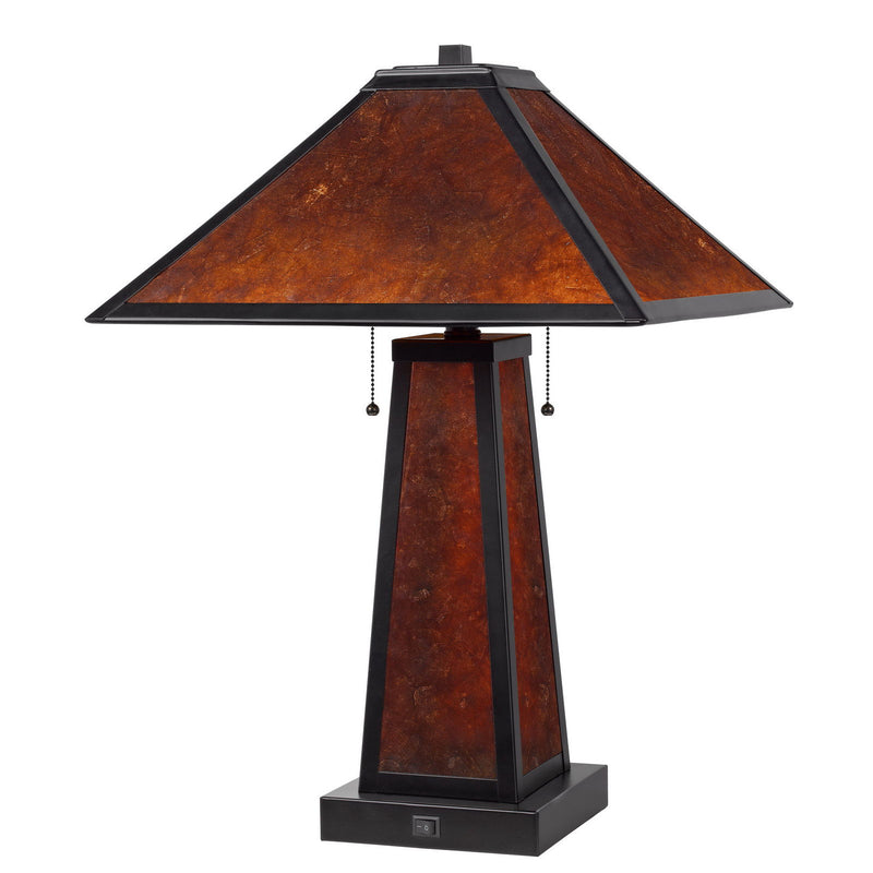 Metal Two Light Table Lamp With Amber Square Shade - Burnt Orange