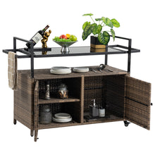 Load image into Gallery viewer, Outdoor Wicker Bar Cart, Patio Wine Serving Cart w/Wheels , Rolling Rattan Beverage Bar Counter Table w/Glass Top for Porch Backyard Garden Poolside Party, Light brown
