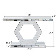 Load image into Gallery viewer, Sparkling Crystal Hexagon Mirror Entryway Premium Modern Foyer Console Table With Diamond Glass Effects, Dual Tier Luxury Sofa Table - Silver
