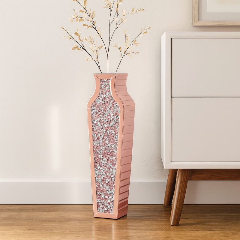 Mirrored Floor Vase With Faux Crystals - Pink