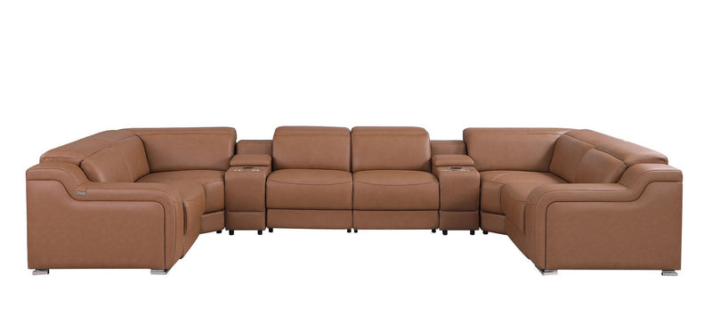 Italian Leather Power Reclining U-Shaped 8 Piece Corner Sectional With Console - Chestnut