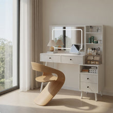 Load image into Gallery viewer, Fluted Vanity Desk With Lighted Mirror &amp; Outlet 4 Drawer, Makeup Table - White

