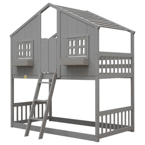 Twin over Twin House Bunk Bed with Roof , Window, Window  Box, Door , with Safety Guardrails and Ladder, Grey