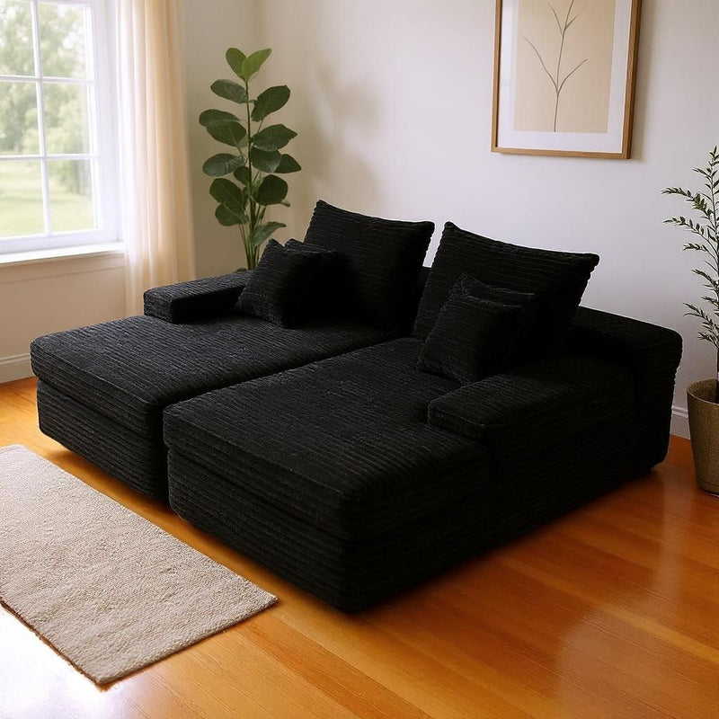 82" Corduroy Modular Sofa Chaise And Toss Pillows - Black