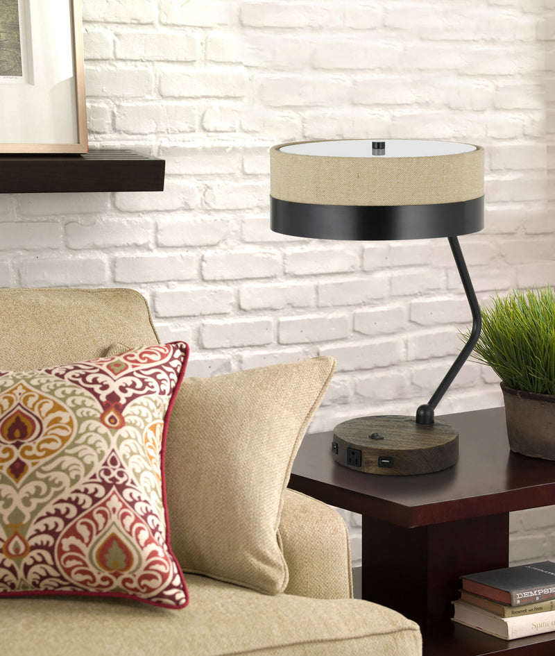 Metal Two Light Desk USB Table Lamp With Beige Drum Shade - Black / Brown