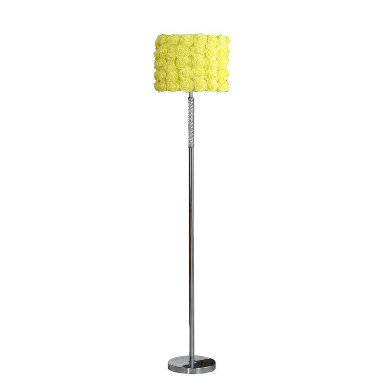 Steel And Acrylic Floor Lamp With Flowers Fabric Drum Shade - Silver Yellow