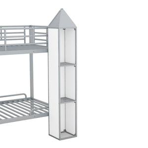 Metal Twin over Twin Castle-shaped Bunk Bed with Wardrobe and Multiple Storage, Gray+White