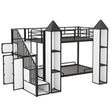 Load image into Gallery viewer, Metal Twin over Twin Castle-shaped Bunk Bed with Wardrobe and Multiple Storage, Black+White
