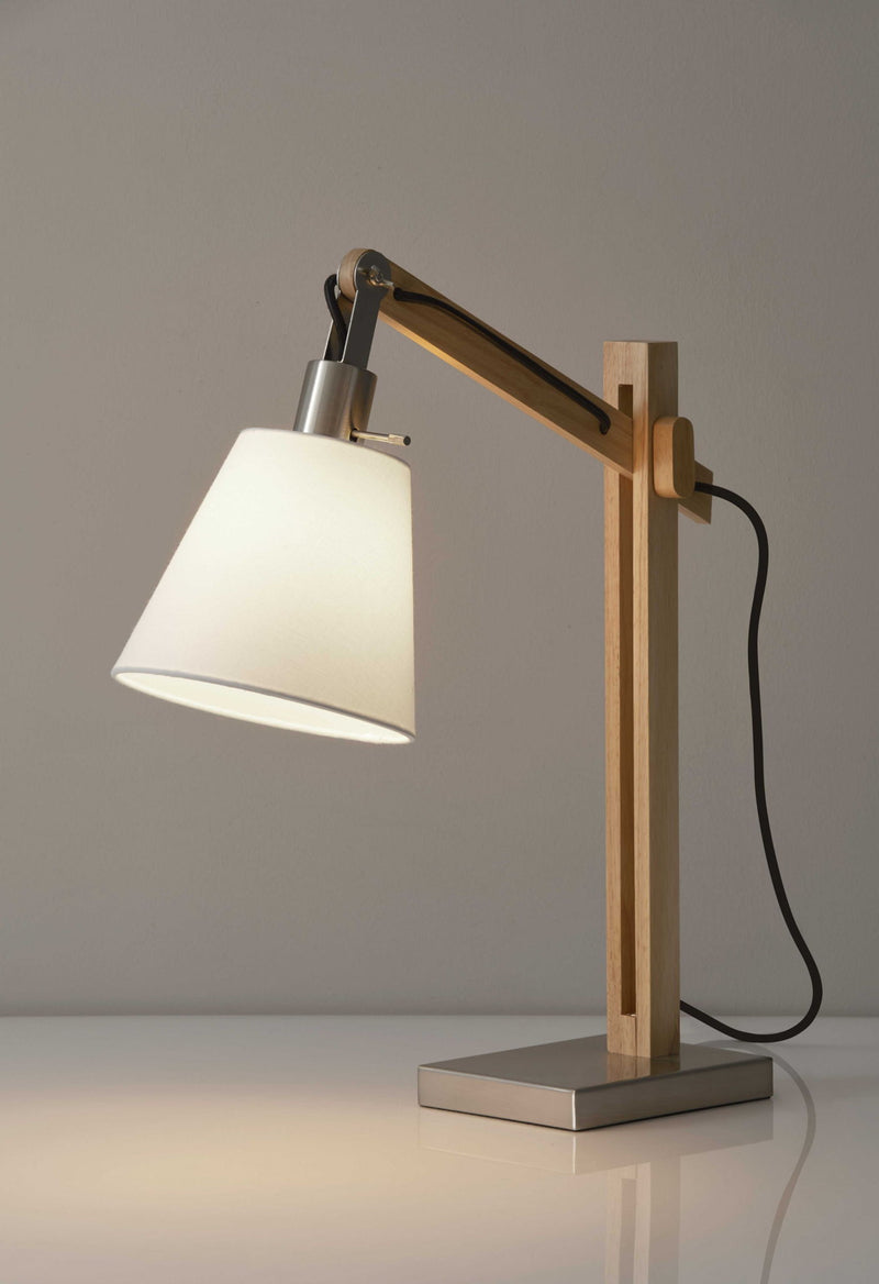 Adjustable Height Table Lamp With White Bell Shade - Natural Wood