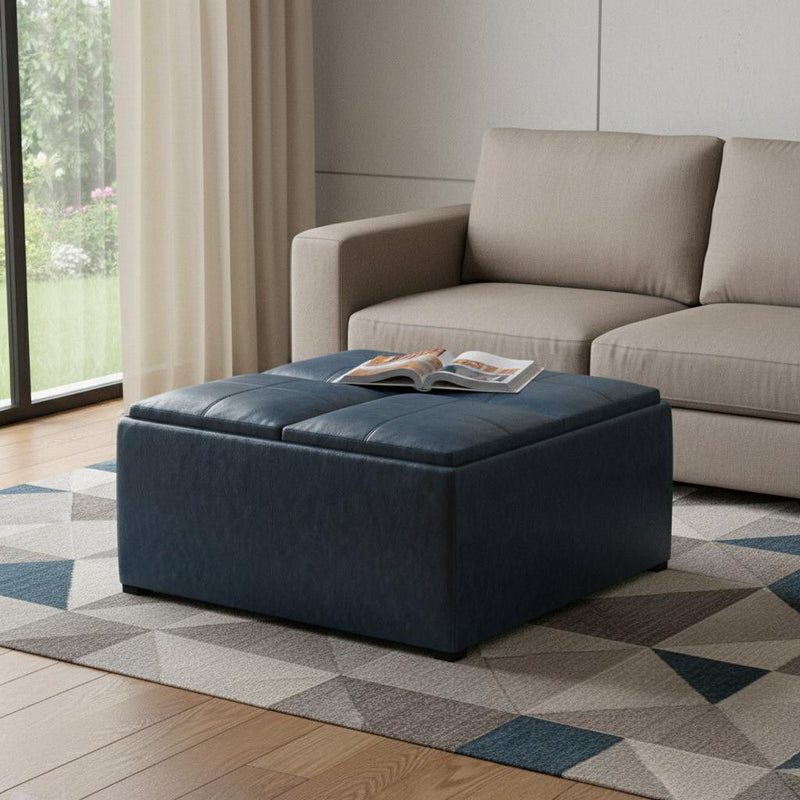 Leather Cocktail Ottoman With Storage - Blue / Dark Brown