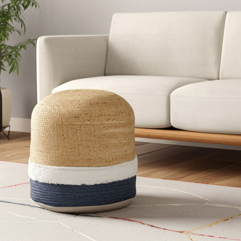 18" Jute Blend Cylinder Striped Pouf Ottoman - Natural And Navy Blue