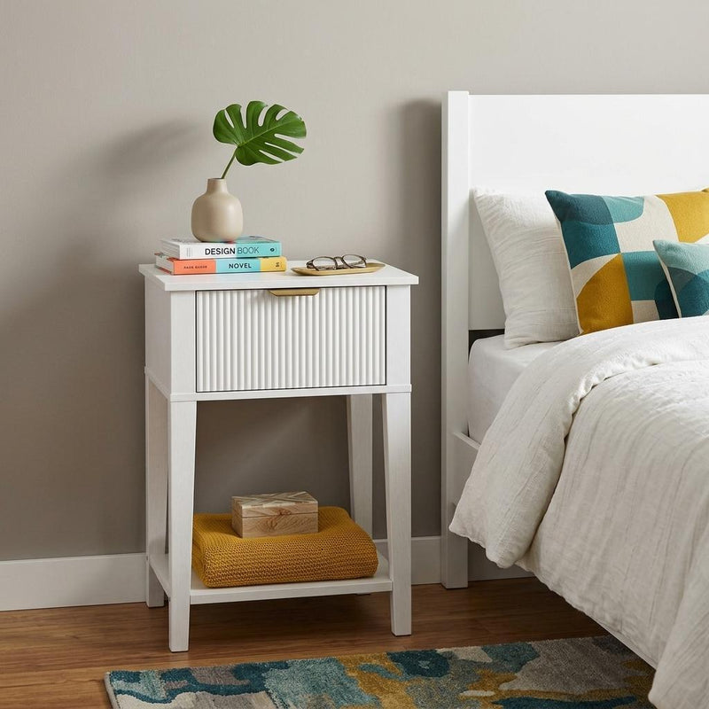 Wood Ribbed Texture One Drawer Nightstand - White