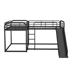 Full and Twin Size L-Shaped Bunk Bed with Slide and Short Ladder, Black