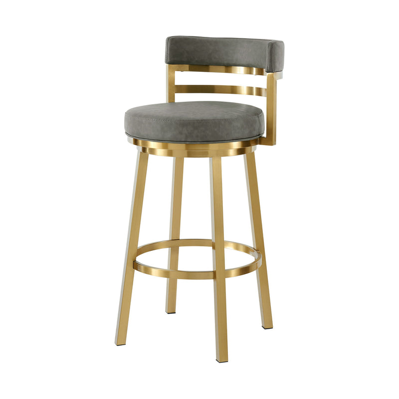 26" Faux Leather And Stainless Steel Low Back Counter Height Swivel Bar Chair - Gray / Gold