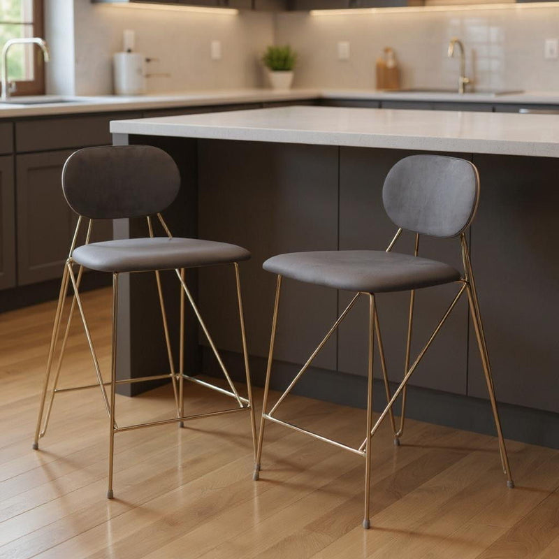 26" Velvet And Steel Low Back Counter Height Bar Chairs (Set of 2) - Gray / Gold