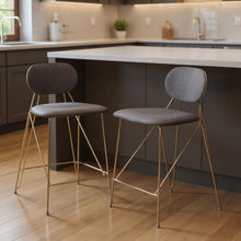 Load image into Gallery viewer, 26" Velvet And Steel Low Back Counter Height Bar Chairs (Set of 2) - Gray / Gold
