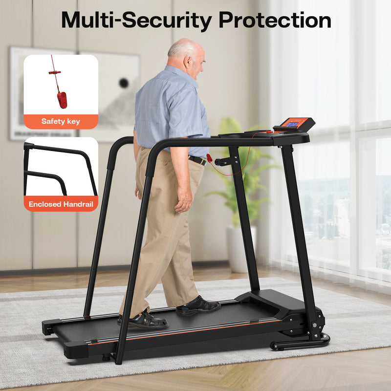 Home Fitness Treadmill With Extended Handrails, Portable Foldable Design - Black / Orange