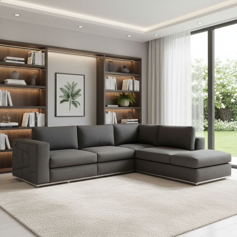 Italian Leather Reclining L Shaped Two Piece Corner Sectional - Dark Gray