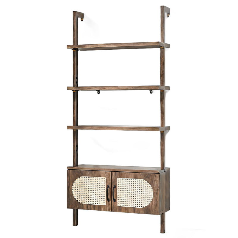 Adjustable Four Tier Etagere Bookcase With Two Doors - Light Brown