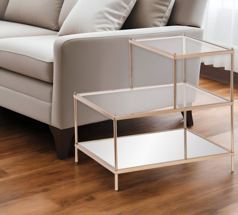 Glass Tiered Rectangular End Table - Clear / Gold