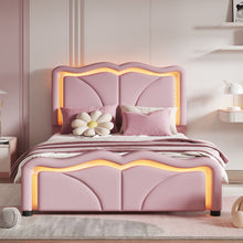 Load image into Gallery viewer, Upholstered Platform Bed &amp; Curve Shaped And Height Adjustable Headboard, LED Light Strips
