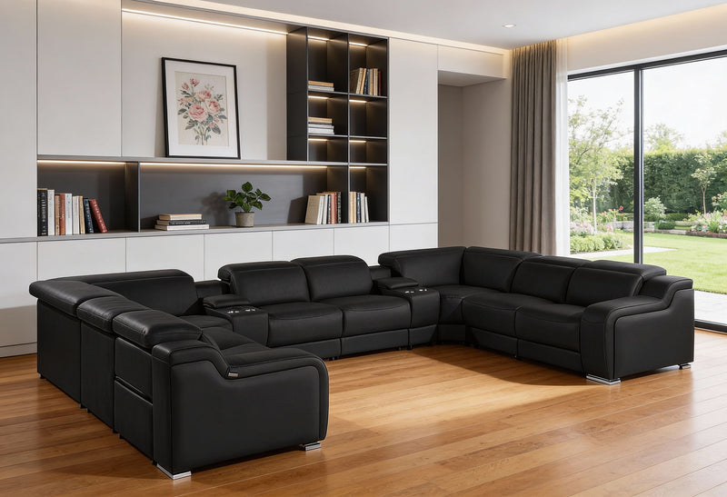 Italian Leather Power Reclining U-Shaped Ten Piece Corner Sectional With Console - Black