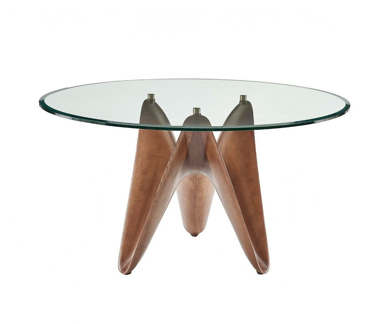 59" Rounded Glass And Solid Manufactured Wood Pedestal Base Dining Table - Clear