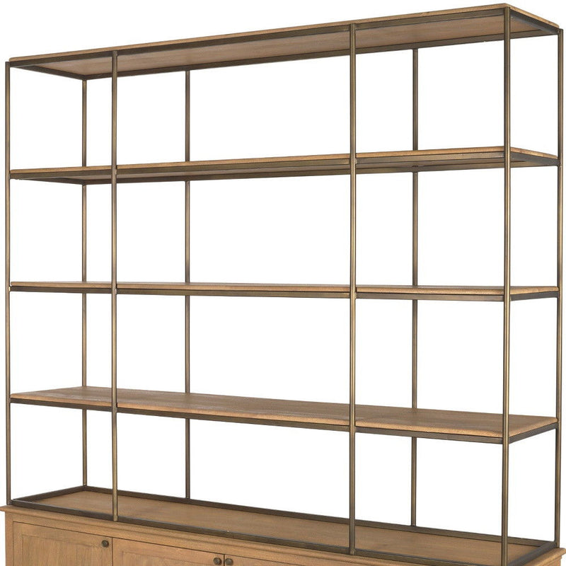 Three Tier Bookcase With Four Doors - Antiqued Brass / Light Brown
