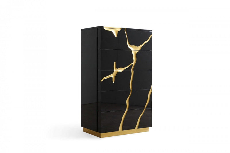 Carved Abstract Wood Five Drawer Dresser - Black And Gold
