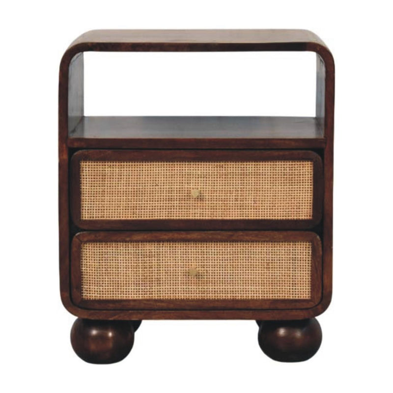 Solid Wood Cane Rattan Two Drawer Nightstand - Walnut